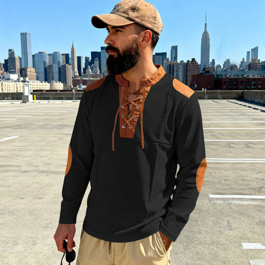 Herren Waffelstrick-Langarmshirt mit Schnürung und Kunstvelours-Ellbogenpatches Shop Nory