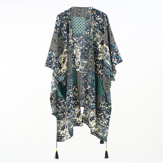 Damen Kaftan-Überwurf mit Patchwork-Blumenprint und Quasten Shop Nory