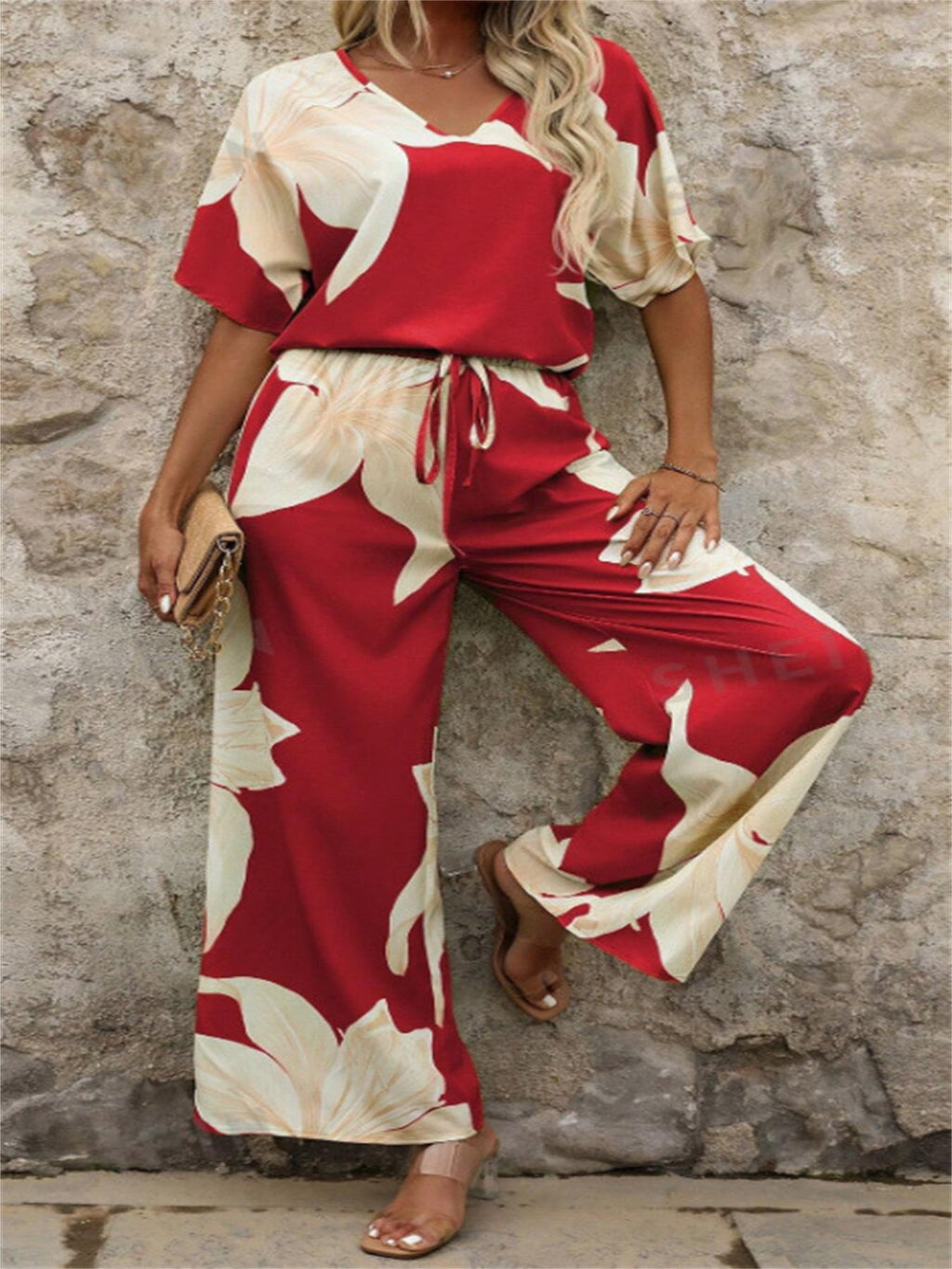 Damen luftiger Hosenanzug mit floralem Print und elastischem Bund