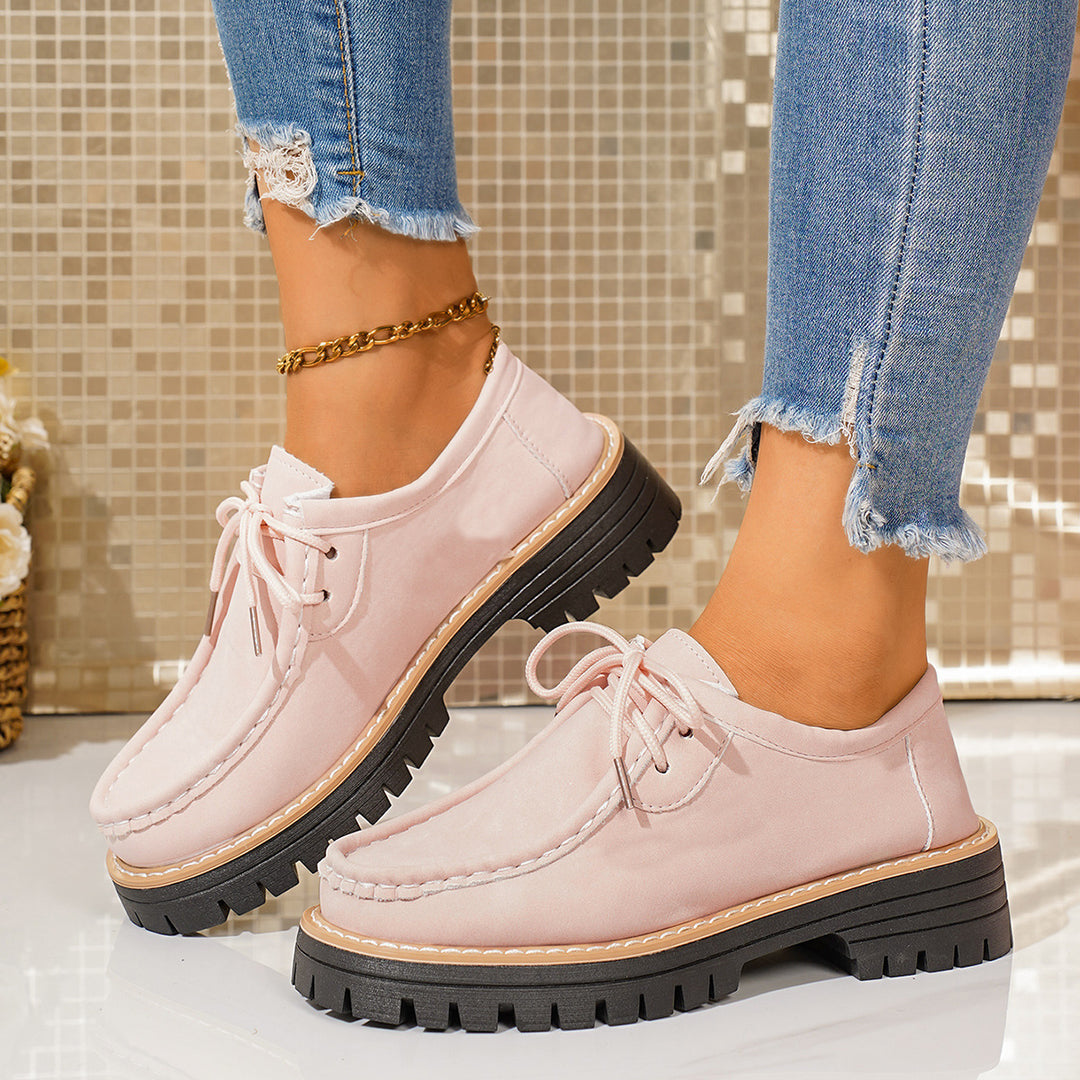 Damen elegante Derby-Schnürer aus Lederimitat mit Mokassinnaht und grober Profilsohle Shop Nory