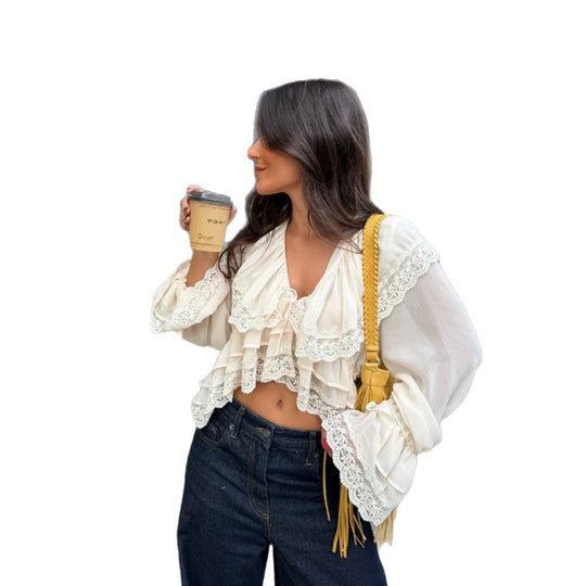 Damen Geraffte Spitzen‑Croptop‑Bluse mit Volants und V‑Ausschnitt Shop Nory