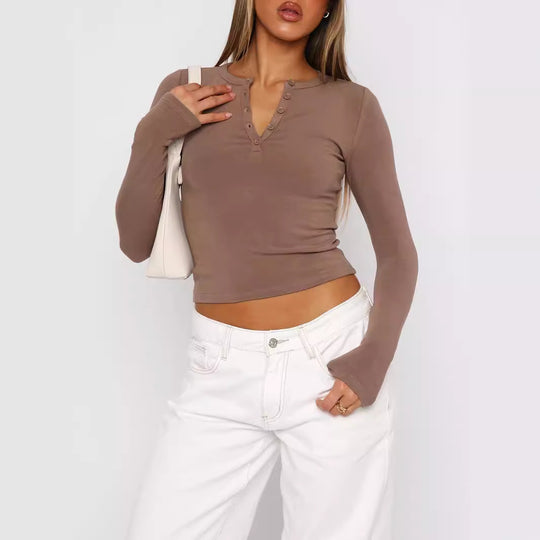 Damen Geripptes Langarm-Henley-Cropped-Shirt Shop Nory
