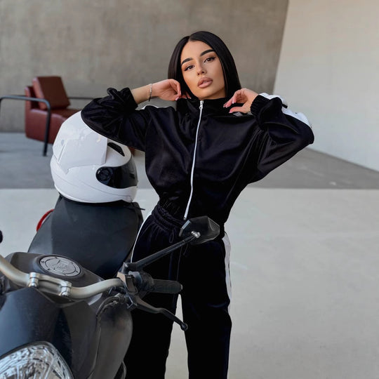 Damen weiches Samt Trainingsanzug Set mit Reißverschlussjacke und elastischer Tunnelzughose Shop Nory