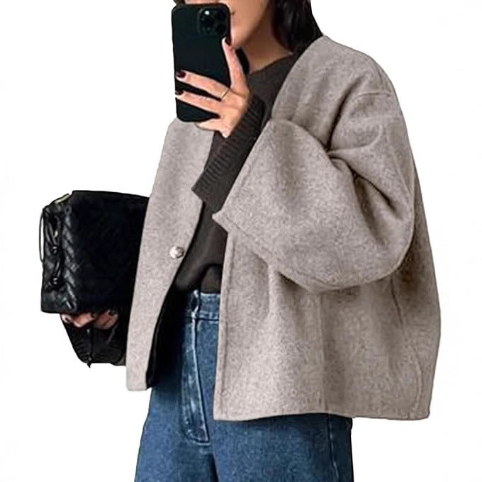 Damen Kurz geschnittene Oversize Wolljacke mit kastigem Schnitt und Ein-Knopf-Verschluss Shop Nory