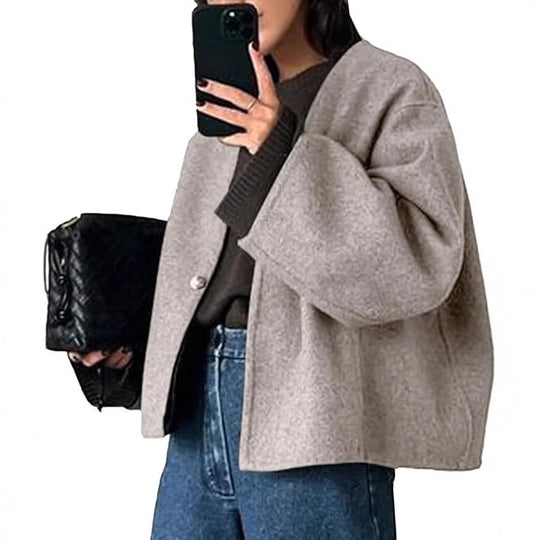 Damen Kurz geschnittene Oversize Wolljacke mit kastigem Schnitt und Ein-Knopf-Verschluss Shop Nory