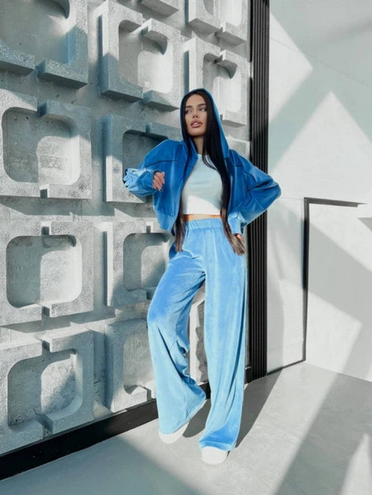Damen Crop-Zip-Samtjacke und weite High-Waist Palazzo-Sweathose Set Shop Nory
