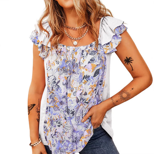 Damen Ärmelloses Blumen-Print Top mit Rüschenschultern und lockerem Fall Shop Nory