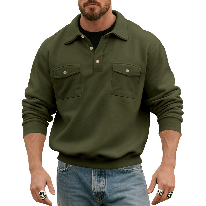 Herren nan legerer Button-Polo-Sweatshirt mit aufgesetzten Brustklappen und gerippten Bündchen Shop Nory