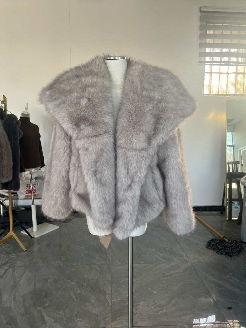 Damen Kurzbolero im Boxy-Cut aus veganem Shaggy-Kunstpelz mit XXL-Schalkragen Shop Nory