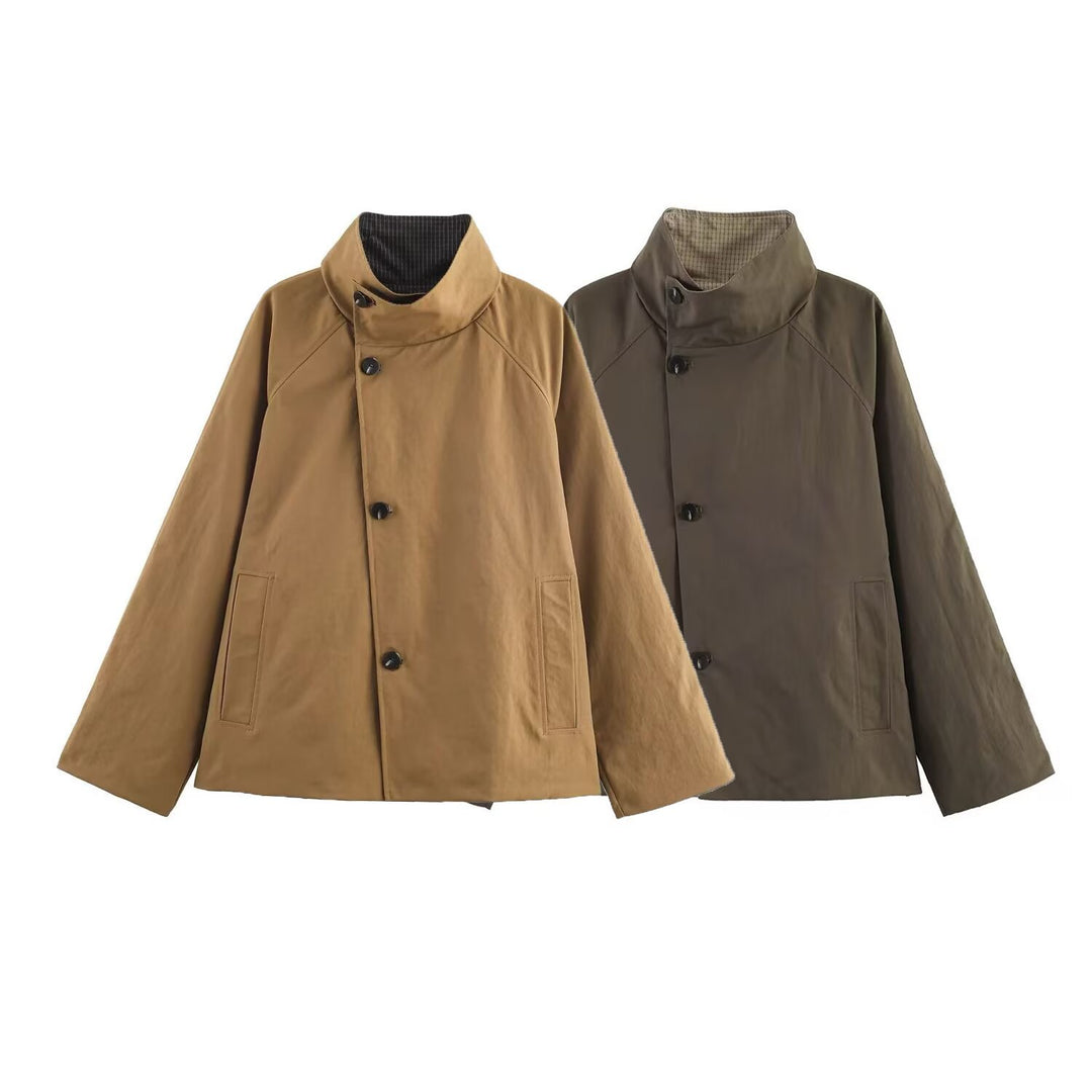 Damen Oversize-Kurzmantel mit hohem Stehkragen, Raglanärmeln und verdeckter Knopfleiste Shop Nory