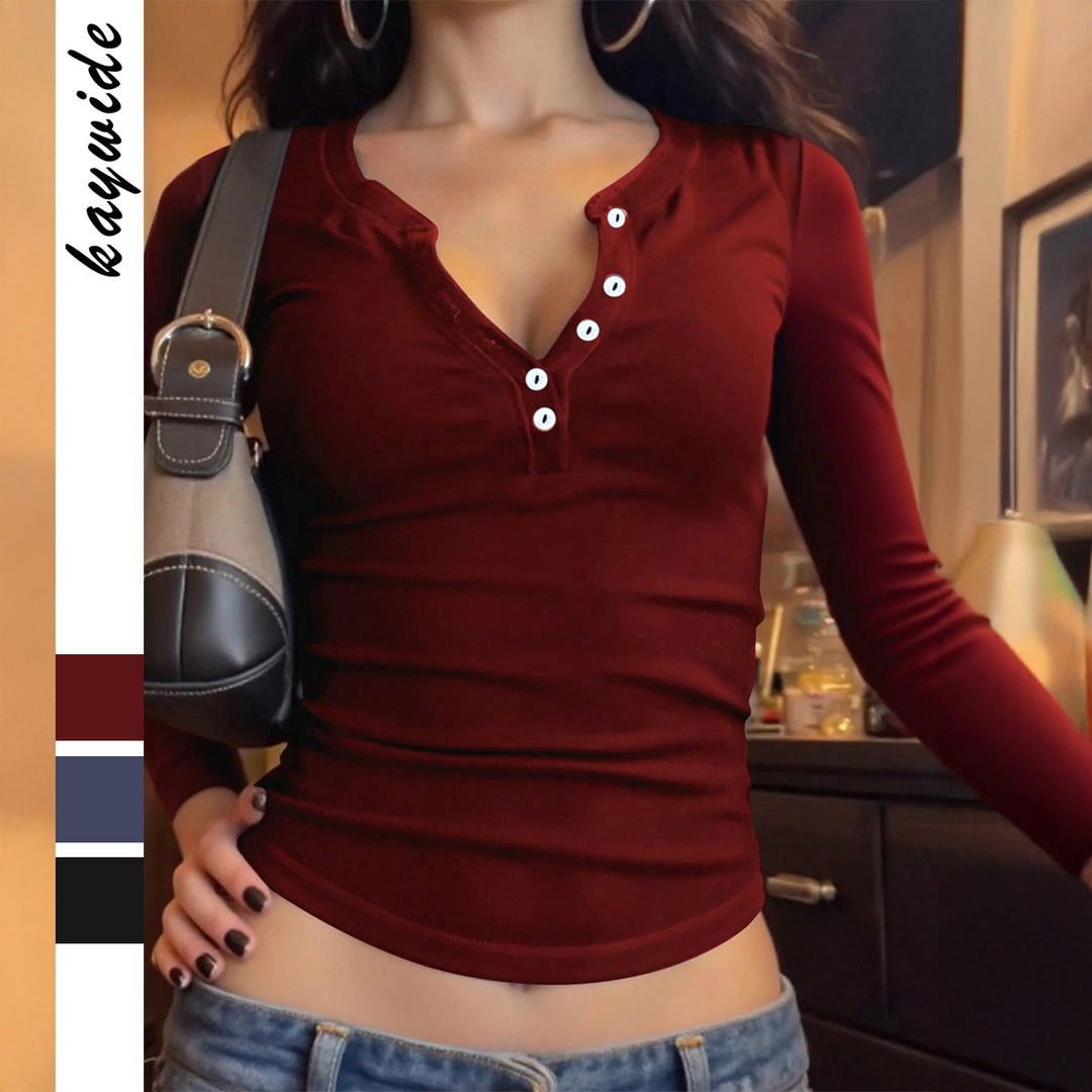 Damen nan tailliertes Henley-Longsleeve mit V-Knopfleiste, figurformendem Stretchjersey und schmaler Silhouette Shop Nory
