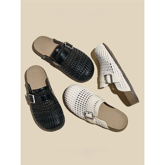 Damen Geflochtene Mule‑Pantoletten mit geschlossener Zehenkappe und verstellbarer Metallschnalle Shop Nory
