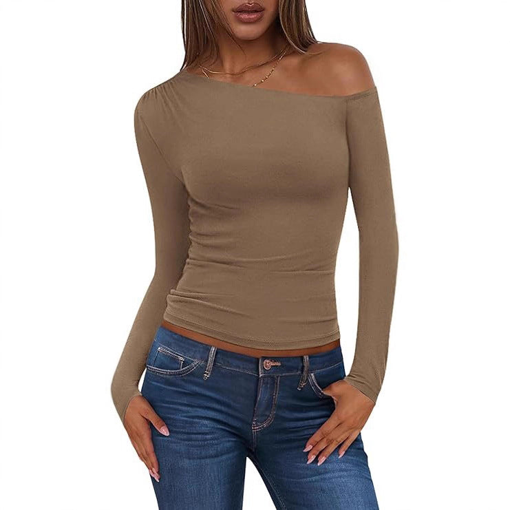 Damen Schulterfreies, figurnahes Ripp-Langarmtop mit asymmetrischem Ein-Schulter-Schnitt Shop Nory