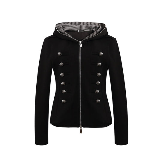 Damen taillierte Kapuzen‑Sweatjacke mit dekorischer Doppelreihe und Metallknöpfen Shop Nory