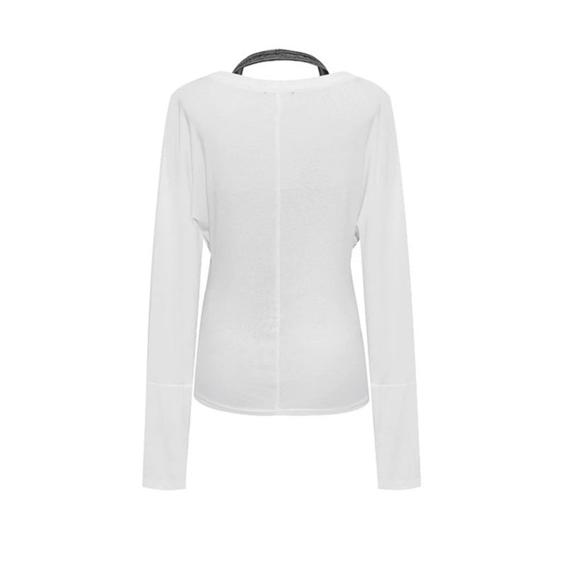 Damen Lagen-Langarmshirt mit tiefem V-Ausschnitt, Neckholder-Innenlayer und seitlichem Script-Print Shop Nory