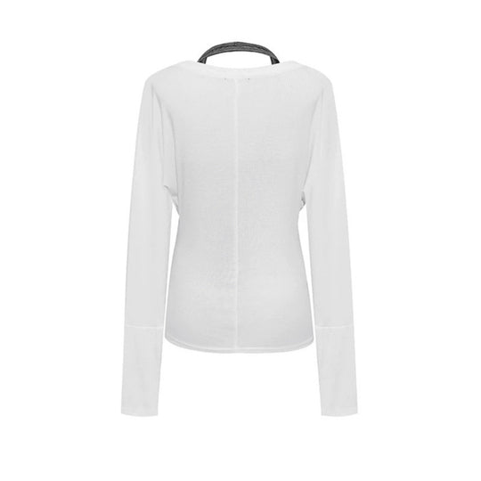 Damen Lagen-Langarmshirt mit tiefem V-Ausschnitt, Neckholder-Innenlayer und seitlichem Script-Print Shop Nory