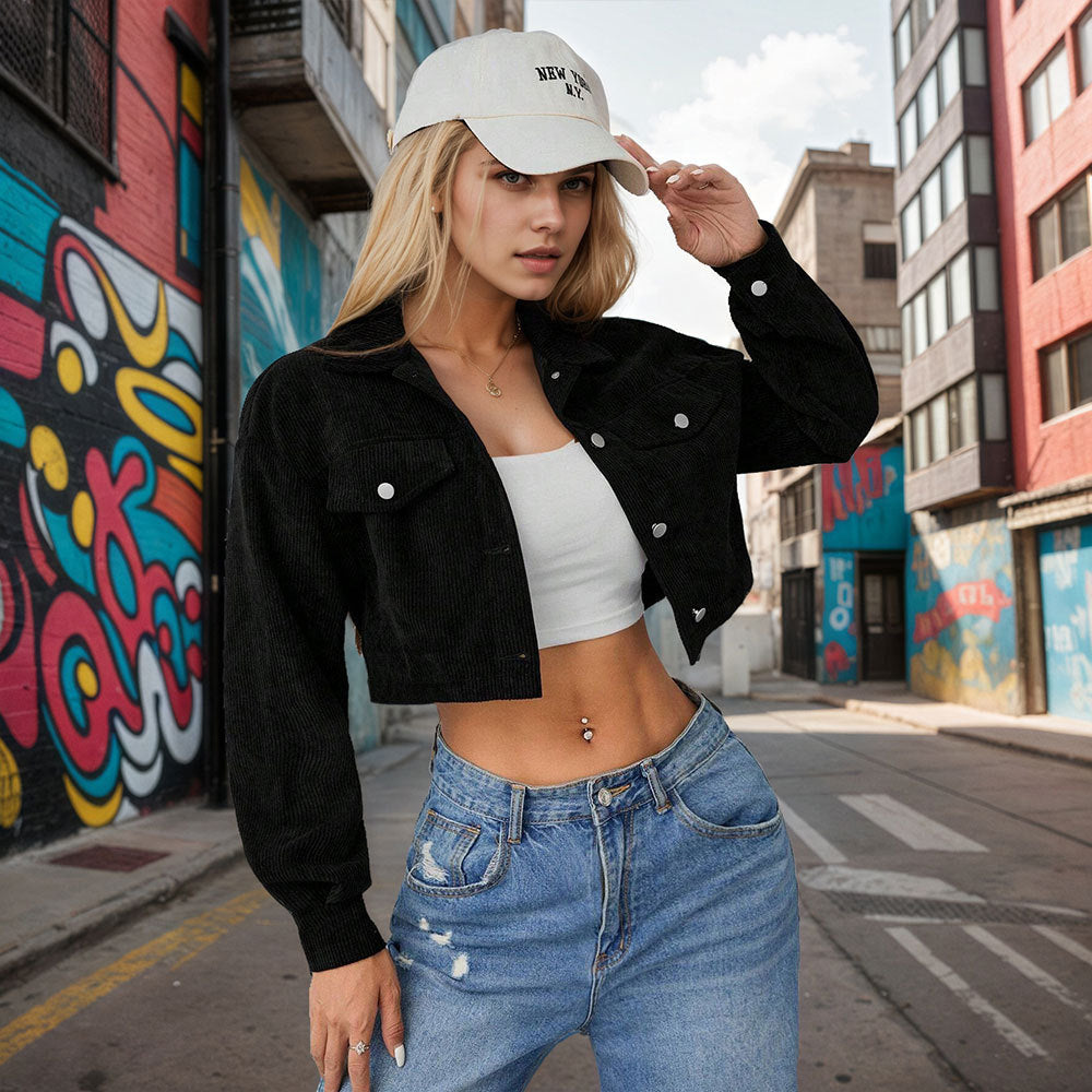 Damen kurze taillierte Cordjacke mit Brusttaschen und Druckknopfleiste Shop Nory