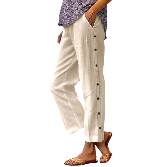 Damen Cropped Weitbeinige Knopf-Trim Leinen-Mischung Casual Hose Shop Nory