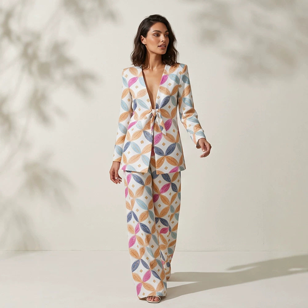 Damen Zweiteiliger Jacquard-Anzug mit Taillenschleife und weitem Bein Shop Nory