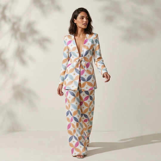 Damen Zweiteiliger Jacquard-Anzug mit Taillenschleife und weitem Bein Shop Nory