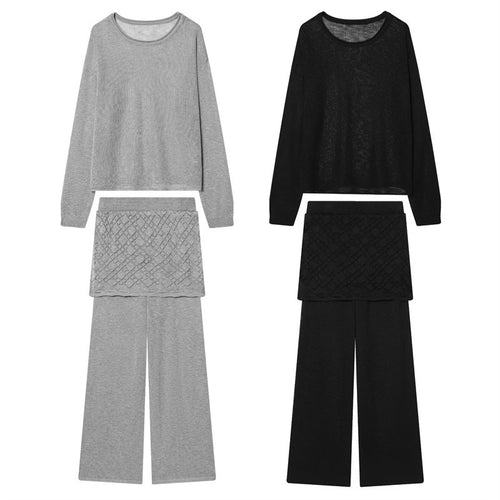 Damen Feinstrick-Loungewear-Set mit Rundhals-Pullover, weitem Palazzo und strukturierter Rock-Overlay Shop Nory