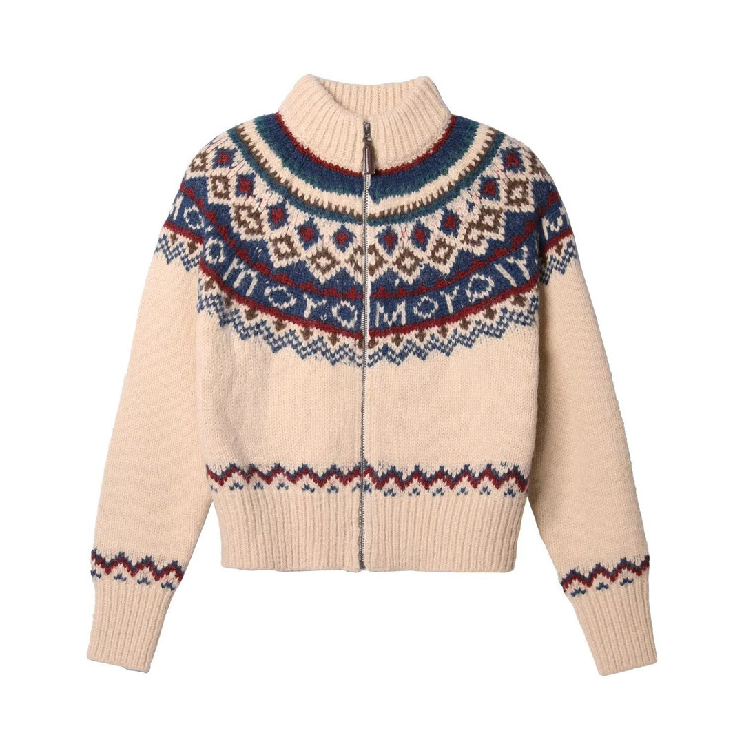 Damen Kuschelige Grobstrickjacke mit Zipper und geometrischem Muster Shop Nory