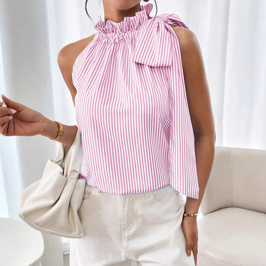 Damen Ärmellose Crêpe-Bluse mit gerafftem Stehkragen und Schulter-Schleife Shop Nory