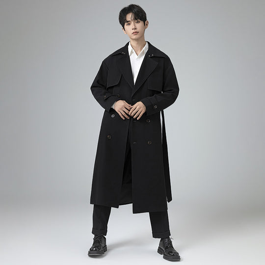Herren Trenchcoat im minimalistischen Doppelreiher mit breitem Schalkragen und Taillengürtel Shop Nory