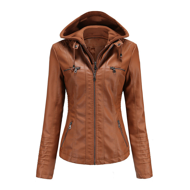 Damen Taillierte Kunstlederjacke mit abnehmbarer Kapuze und Reißverschluss Shop Nory