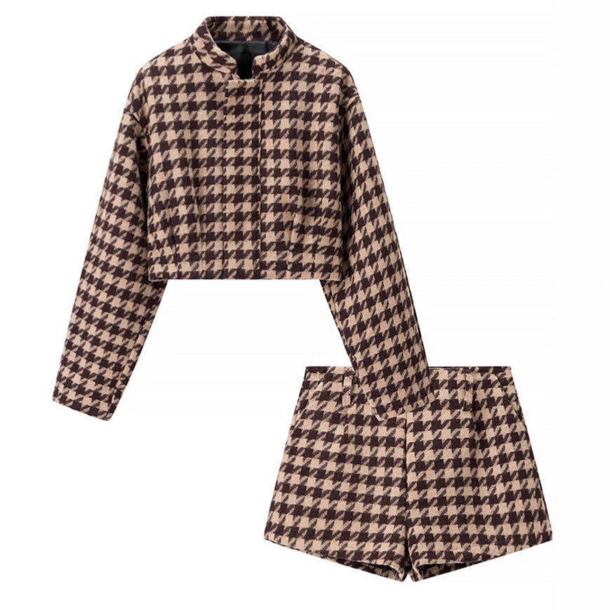 Damen Zweiteiliges Hahnentritt-Wollmix-Set mit tailliertem Kurzblazer und hochgeschnittener Short Shop Nory