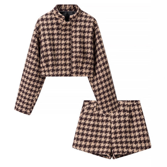 Damen Zweiteiliges Hahnentritt-Wollmix-Set mit tailliertem Kurzblazer und hochgeschnittener Short Shop Nory
