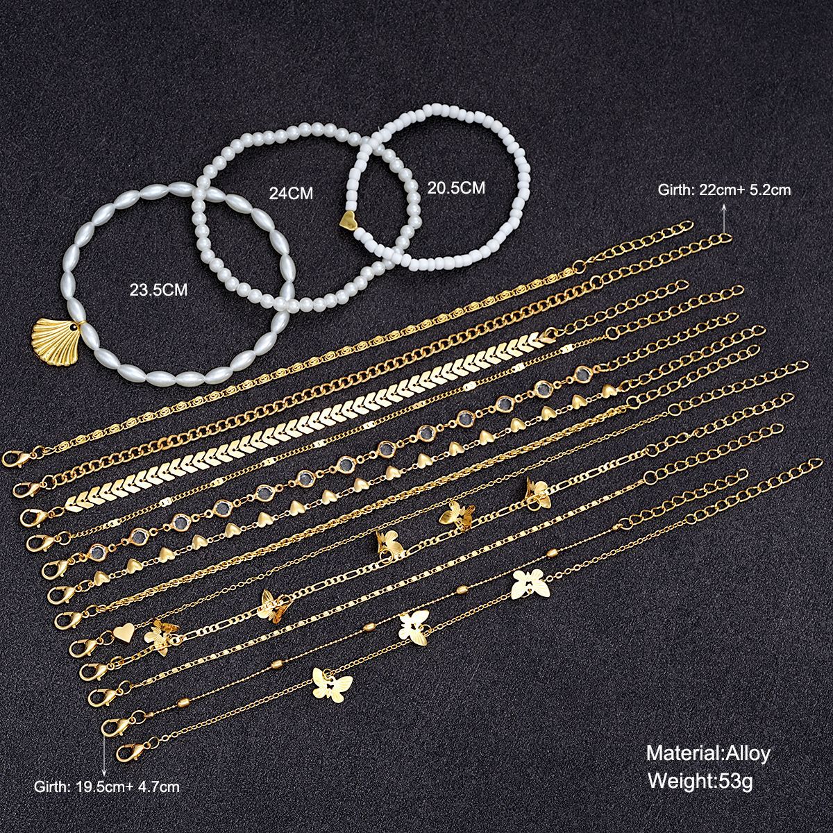 Damen Armband-Set mit filigranen goldenen Designs und charmanten Anhängern Shop Nory
