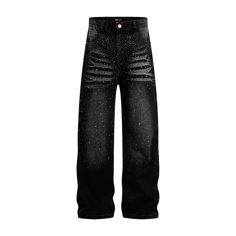 Damen weite High‑Waist Jeanshose mit Distressed‑Rissen und Strassbesatz Shop Nory