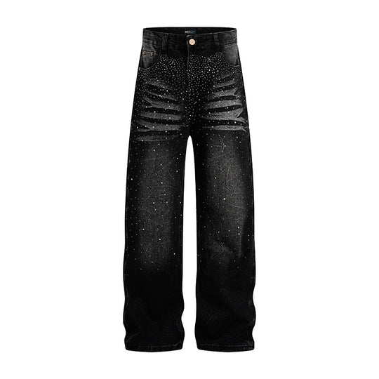 Damen weite High‑Waist Jeanshose mit Distressed‑Rissen und Strassbesatz Shop Nory