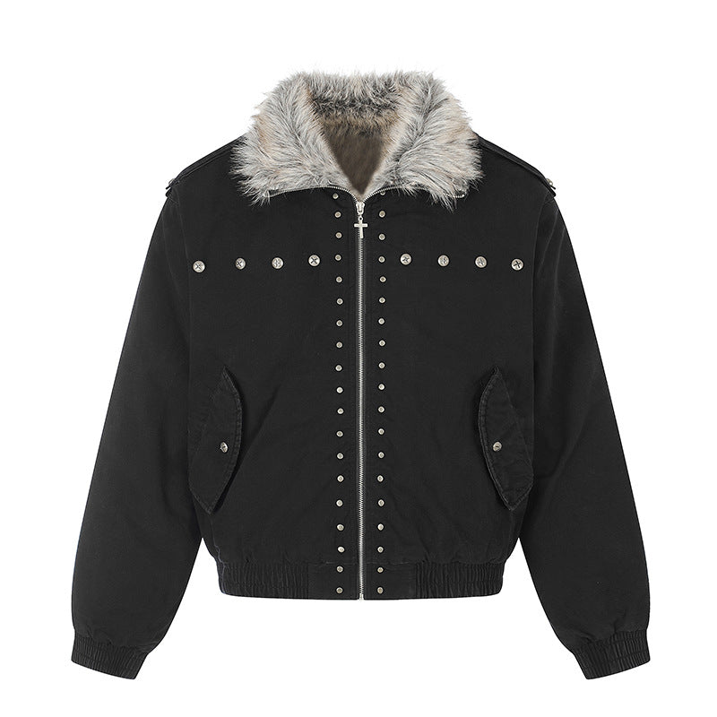 Damen wattierte Bomberjacke mit Kunstfellkragen, Nietenapplikation und Schulterklappen Shop Nory