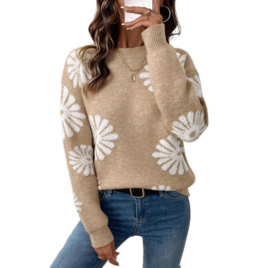 Damen Strickpullover mit Blumenintarsien, Rundhalsausschnitt und relaxed Fit Shop Nory