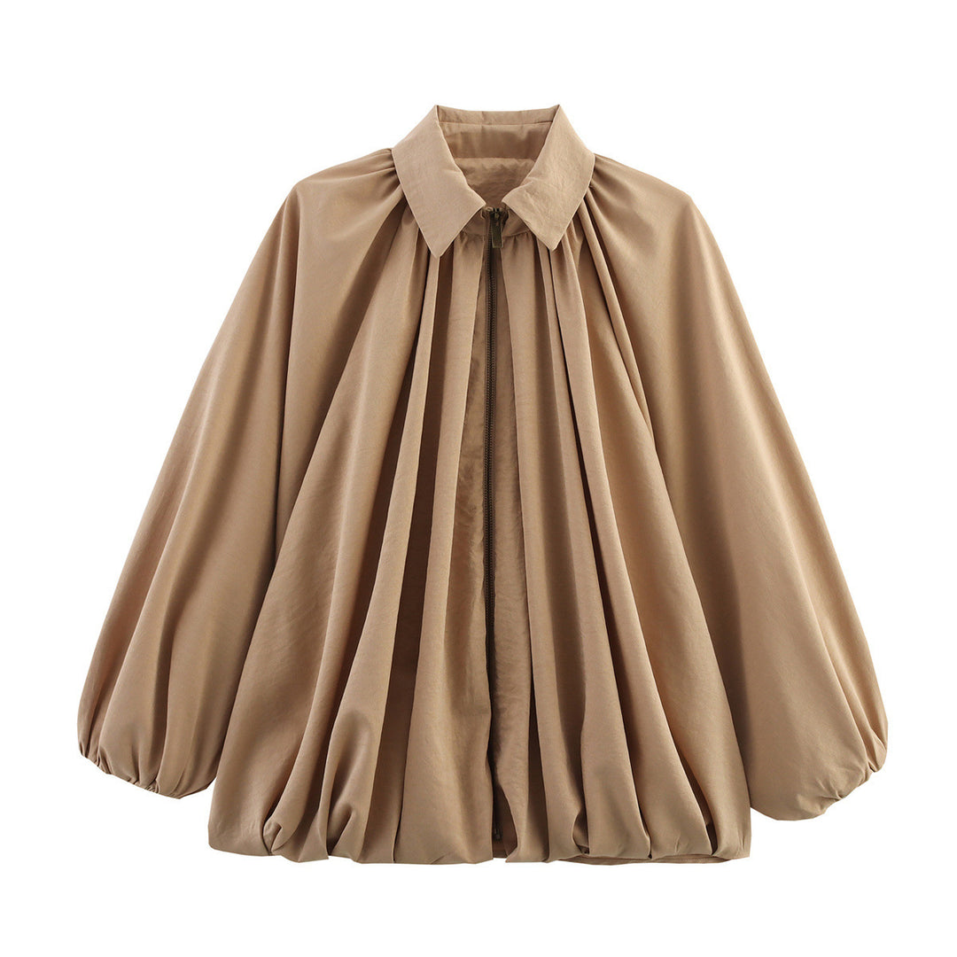 Damen Weite plissierte Cape-Bluse mit Stehkragen und verdecktem Reißverschluss Shop Nory