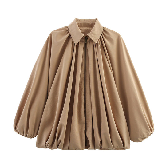 Damen Weite plissierte Cape-Bluse mit Stehkragen und verdecktem Reißverschluss Shop Nory