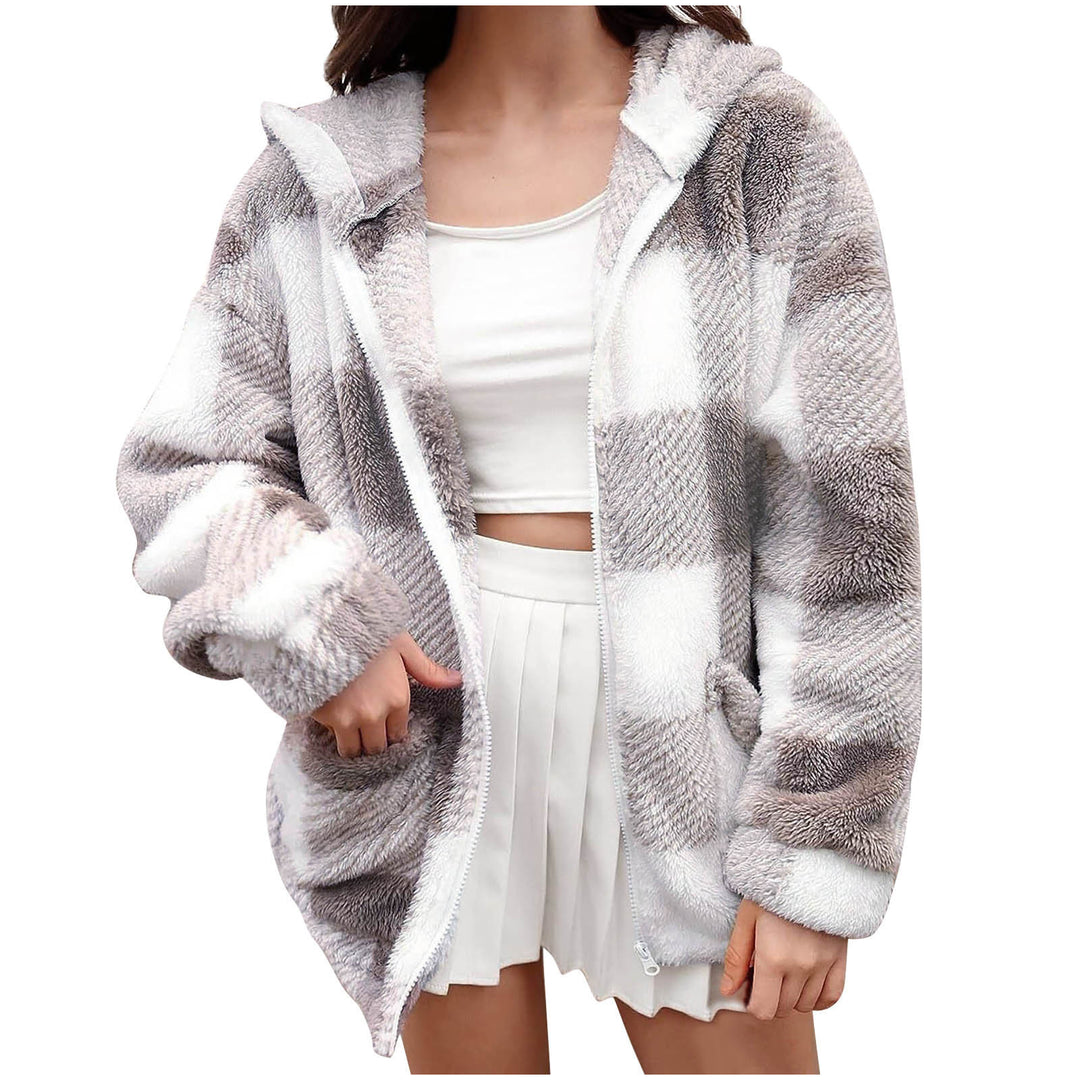 Damen nan dicke Karo-Teddyjacke mit Kapuze, Frontreißverschluss und aufgesetzten Taschen Shop Nory