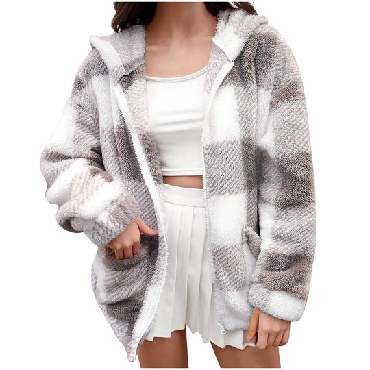 Damen nan dicke Karo-Teddyjacke mit Kapuze, Frontreißverschluss und aufgesetzten Taschen Shop Nory