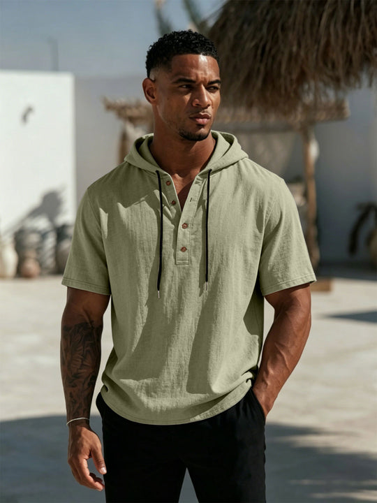 Herren Kurzarm-Hoodie-Henley aus Leinenoptik mit Knopfleiste Shop Nory