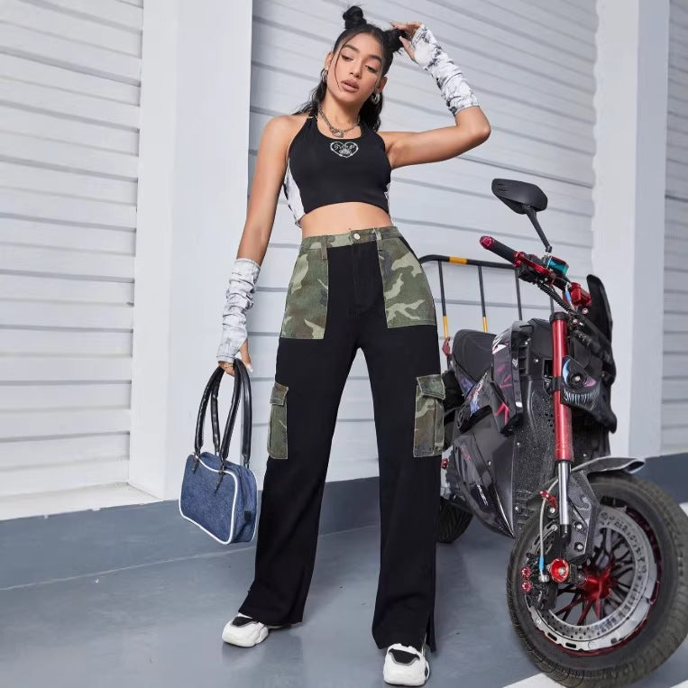 Damen High-Waist Utility-Jeans mit Camouflage-Paneelen und aufgesetzten Cargotaschen Shop Nory