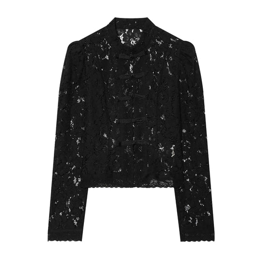 Damen Transparente Spitzenjacke im chinesischen Stil mit Stehkragen und Knotenverschlüssen Shop Nory