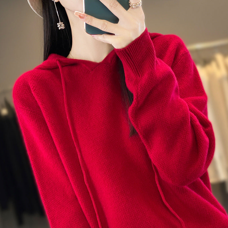Damen weicher Feinstrick‑Kapuzensweater mit melierter Struktur und gerippten Bündchen Shop Nory