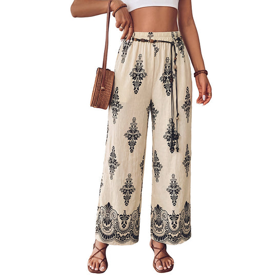 Damen Leichte Boho-Haremshose mit elastischem Bund, Tassel-Kordel und orientalischem Druck Shop Nory