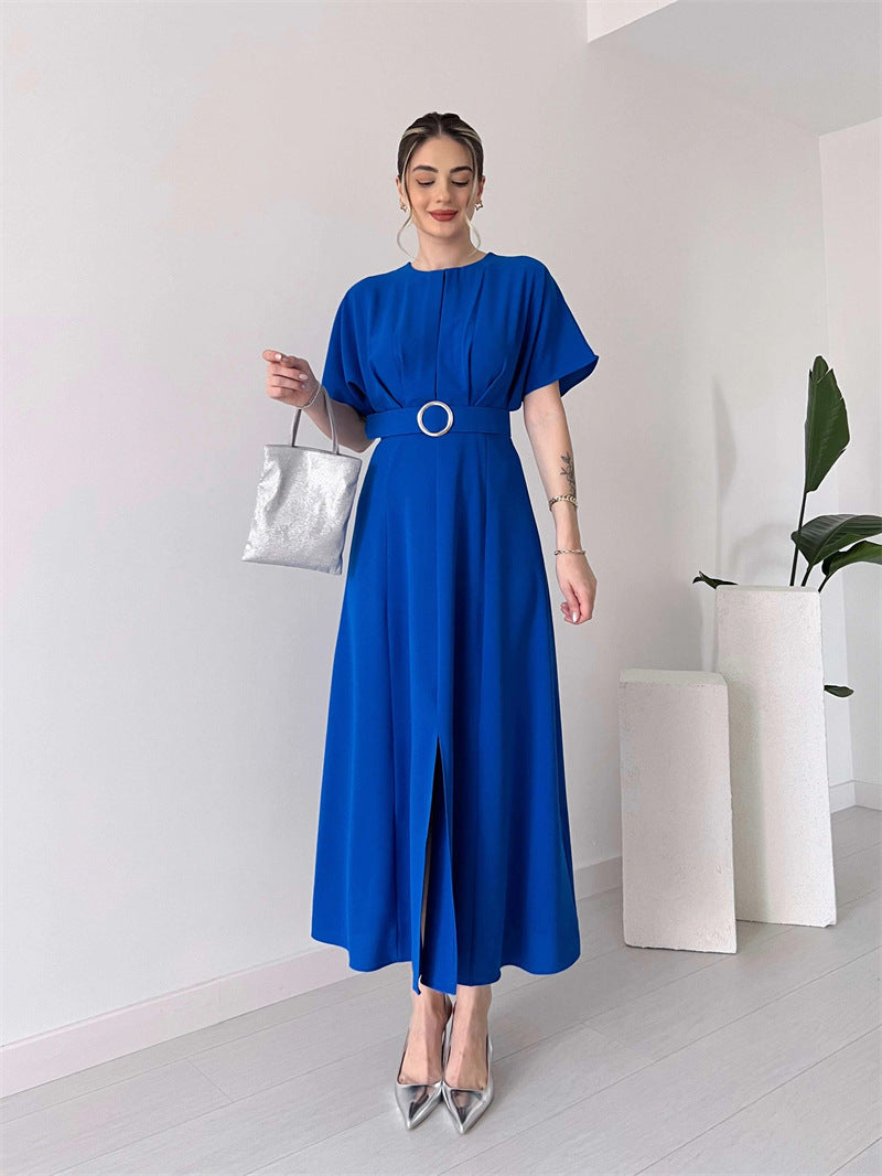 Damen Maxikleid mit Taillengürtel und puffärmeln Shopnory