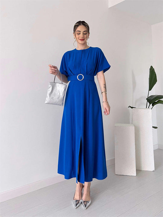 Damen Maxikleid mit Taillengürtel und puffärmeln Shopnory