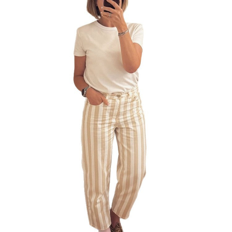 Damen Hochtaillierte gestreifte Leinenhose mit weitem Bein und Cropped-Länge Shop Nory