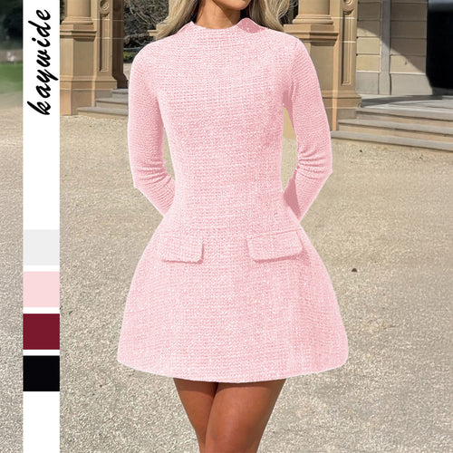 Damen nan tailliertes Bouclé-Minidress mit Stehkragen, langen Ärmeln, ausgestelltem Rock und dekorativen Pattentaschen Shop Nory