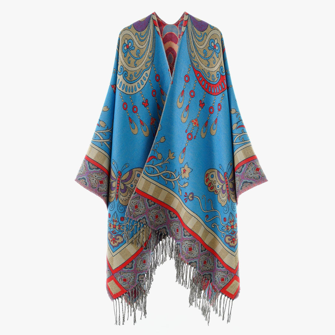 Damen Gewebter Kimono-Poncho mit Ornamentjacquard, V-Ausschnitt und Fransensaum Shop Nory